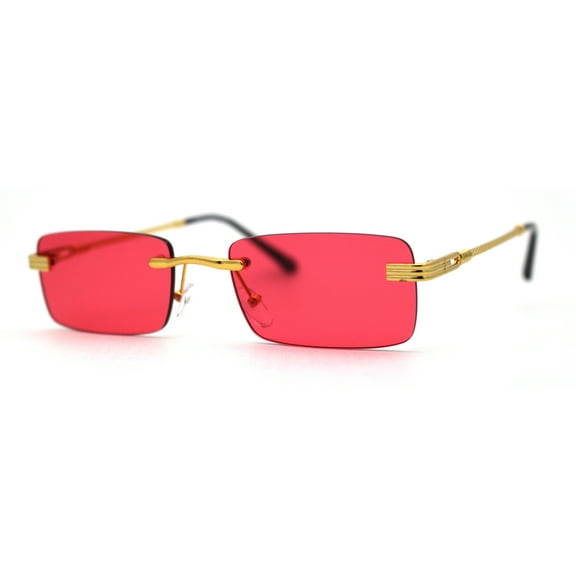 Art Nouveau Luxury 90s Rimless OG Narrow Rectangle Sunglasses Gold Solid Red