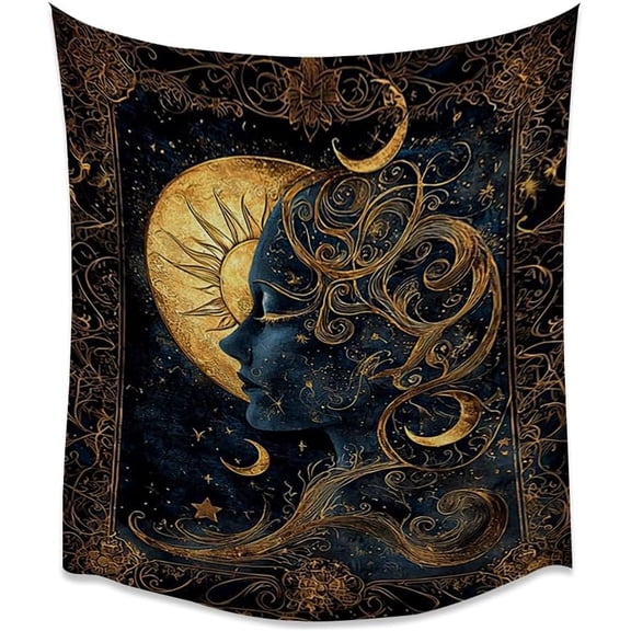 Art Nouveau Moon Goddess Wall Tapestry Black and Gold Astrology Decor for Bedroom Dorm Living Room 30 x 40 Inch White