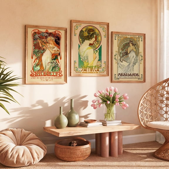 Art Nouveau Mucha Inspired Prints French Romantic Home Decor Set 3 Stretched Canvas 16x24