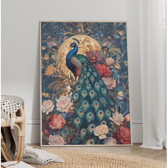 Art Nouveau Peacock Floral Wall Art, Jewel Toned Elegant Bird Decor, Unframed Canvas Size 12x18