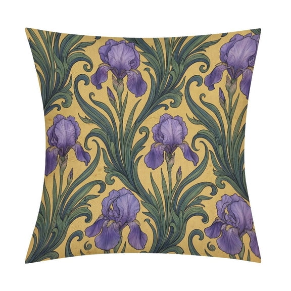 Art Nouveau Purple Iris with Ornate Sinuous LeavesSet of 2 Premium Faux Linen Pillow Covers, Envelope Style Cushion Cases for Bedroom