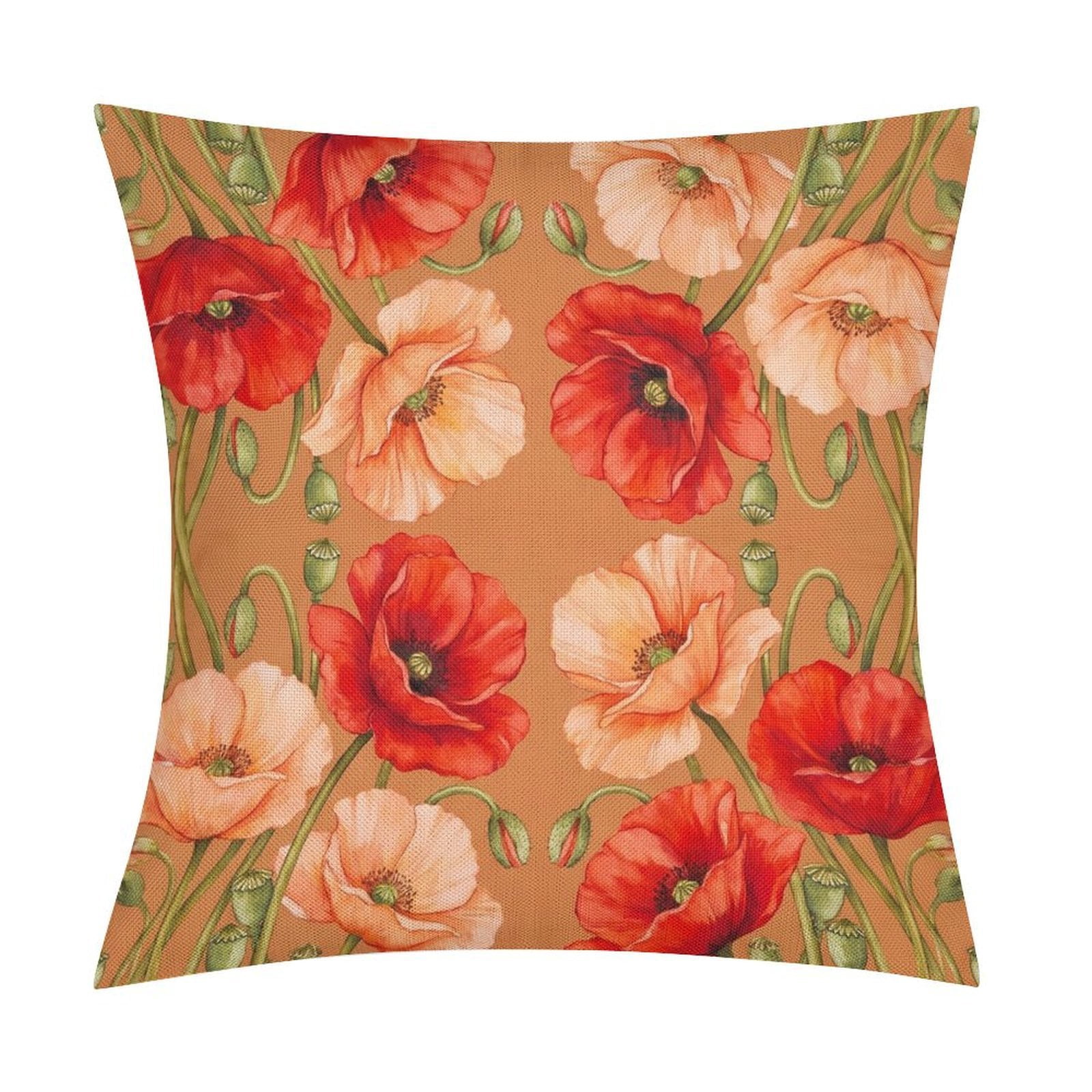 Art Nouveau Red And Peach Poppy Garden PrintFaux Linen Style