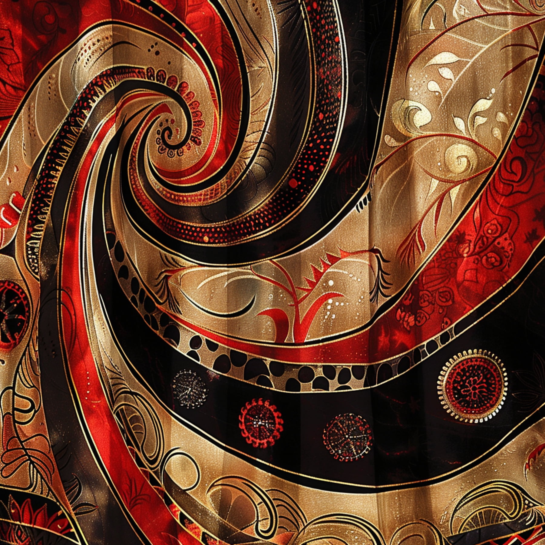 Art Nouveau Red Black and Gold Batik Shower Curtain with Moebius Strip