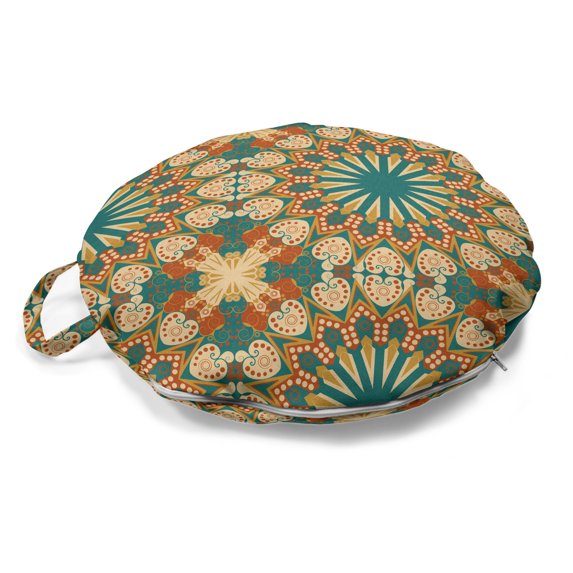 Art Nouveau Round Floor Cushion with Handle, Starry Retro Floral Curved Ornaments Pattern, Decorative Pillow for Living Room & Dorms, 18" Round, Teal Burnt Orange, by Ambesonne