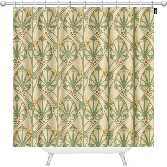 Art Nouveau Shower Curtain Set with 12 Hooks Indian Leaves Pattern Bath Curtains Modern Bathroom Accessories 72 x 84 Inch