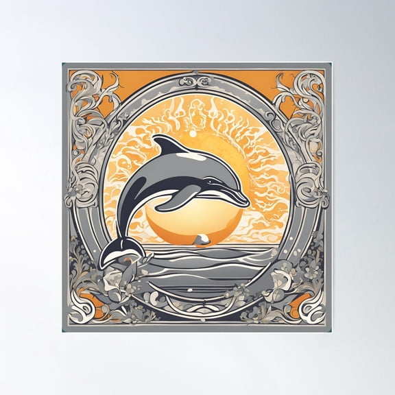 Art Nouveau Silver Dolphin In The Magical Ocean Poster Wall Art, Modern Wall Decor For Living Room Bedroom, 24x24 UNFRAMED