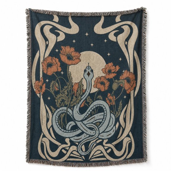 Art Nouveau Snake and Poppies Navy Woven Throw Blanket, Cotton with Fringed Edges, Celestial Botanical, Couch and Bed Home Decor
