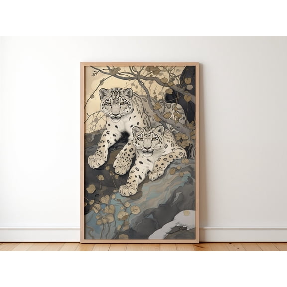 Art Nouveau Snow Leopard Wall Decor, Unframed Paper Poster 8x10in