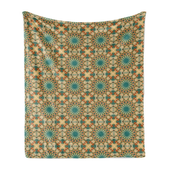 Art Nouveau Soft Flannel Fleece Throw Blanket, Starry Retro Floral Curved Ornaments Pattern, Cozy Plush for Indoor and Outdoor Use, 60" x 80", Teal Burnt Orange, by Ambesonne