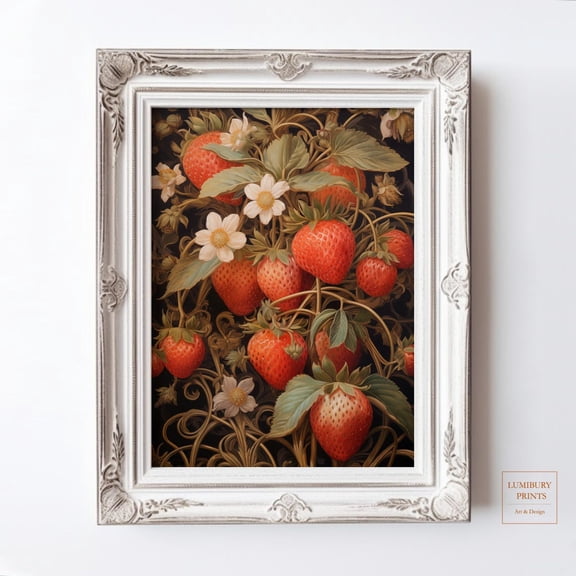 Art Nouveau Strawberry Print, Vintage Botanical Fruit Wall Art, Farmhouse Kitchen Decor, Elegant Dining Room , Home Decor #2042, Unframed Poster Size 8x12