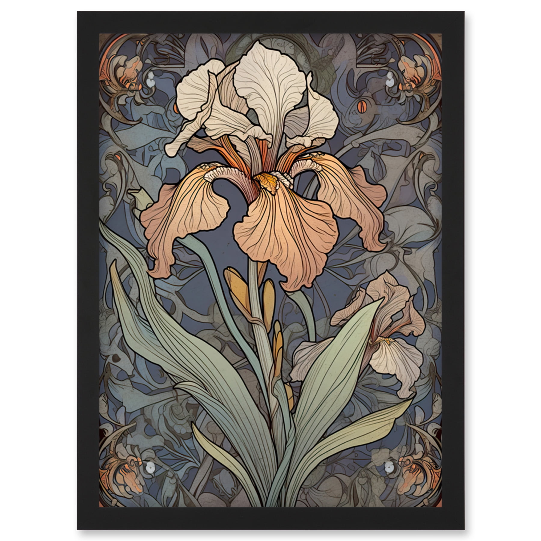 Art Nouveau Style Iris Bloom Flower Watercolour Artwork Art Nouveau Style Iris Bloom Flower Watercolour Artwork