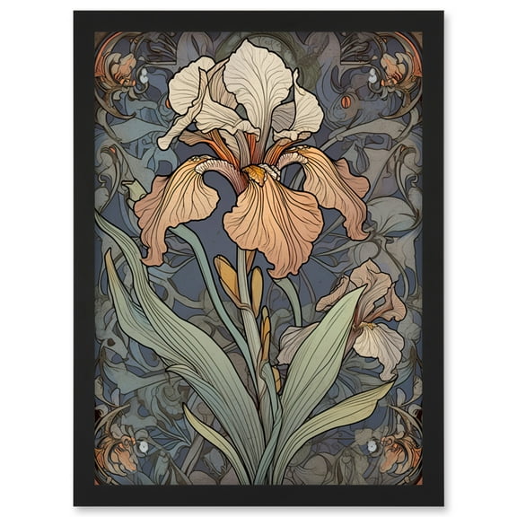 Art Nouveau Style Iris Bloom Flower Watercolour Artwork Framed Wall Art Print A4