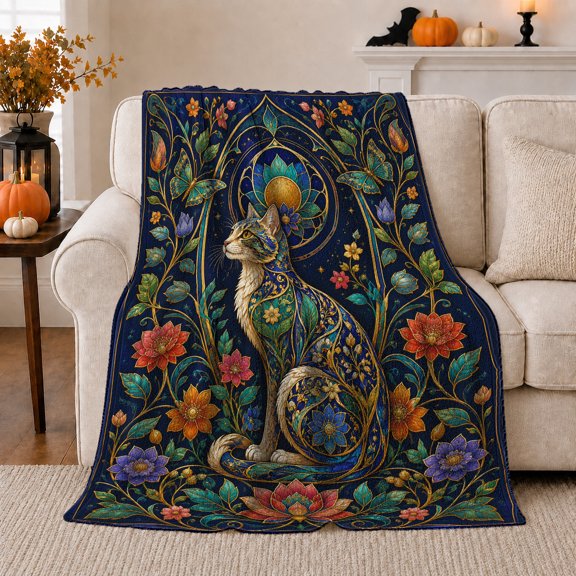 Art Nouveau Tabby Cat Swirling Vines Colorful Flowers, Cozy Pet Portrait Pattern, Warm Flannel Blanket for Living Room and Bedroom, Cat Lovers Just Because Gift, Pet Lover Home Decor