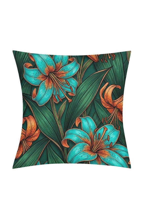 Art Nouveau Turquoise And Orange Tiger Floral Print 2-Pack Decorative Faux Linen Pillowcases, Hidden Zipper Cushion Covers for Home