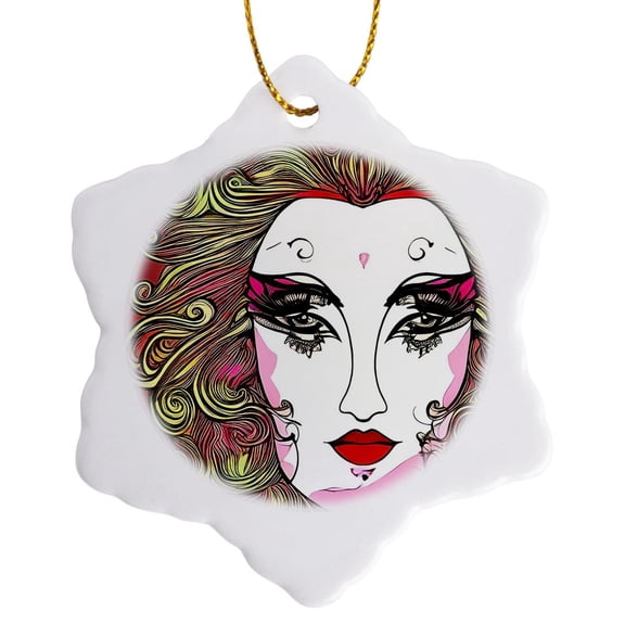 3drose, Art Nouveau Woman. Abstract Artistic Goddess Looks at You Gift Charm, 3 inch Snowflake Porcelain Ornament