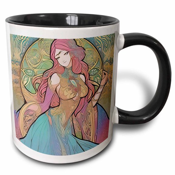 3drose, Art Nouveau Woman. Engaging Fantasy Goddess of Dance and Joy Gift, 15oz Two-tone Black Mug