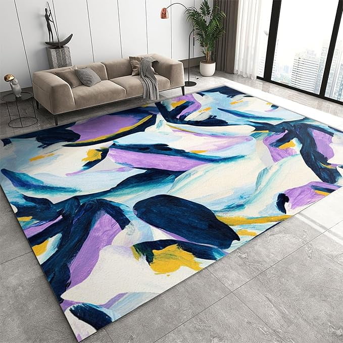 Art Oil Painting Bedroom Rug, Abstract Blue Purple And Yellow Smear ...