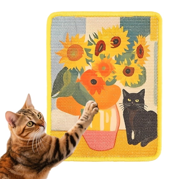 Art Oil Painting Print Natural Sisal Cat Scratch Mat,Sticky Hook&Loop Wall Mount Anti-Scratch Furniture Protector Pad,6 Stylish Patterns Cat Nail Trimming Scratcher