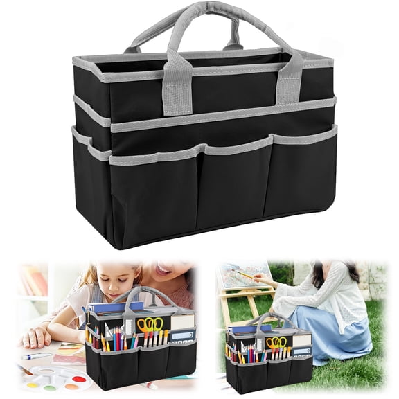Art Organizer Craft Storage Tote Bag with Pockets and Handles, Oxford Fabric Carrying Caddy for Teacher, Officer, Artist, Traveler, and more(Black)