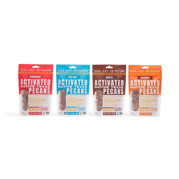 Art of Pecan Variety 4 Pack - Bourbon, Cinnamon, Sea Salt, & Maple - Naturally Crunchy, Soaked & Dehydrated for Better Digestion. Low Sugar Premium Snack