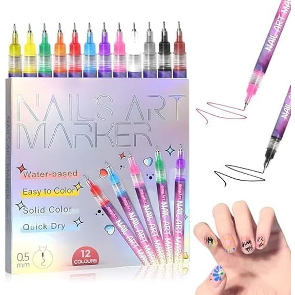Art Pens Set, 12 Colors Water-Based Design Markers, 0.5mm Fine Tip for Drawing, Painting, DIY Manicure Tools