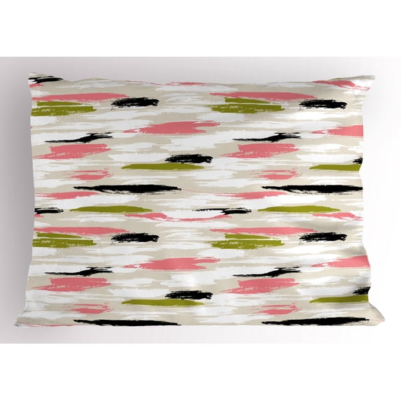 Art Pillow Sham Bold Pattern with Thick Brushstrokes and Stripes Hand Painted Boho Print, Decorative Standard Queen Size Printed Pillowcase, 30 X 20 Inches, Coral Black Olive Green, by Ambesonne