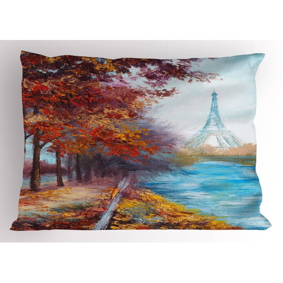 Art Pillow Sham Eiffel Tower View from Seine River in Autumn Romantic Paris Day in Fall Cityscape Print, Decorative Standard King Size Printed Pillowcase, 36 X 20 Inches, Multicolor, by Ambesonne