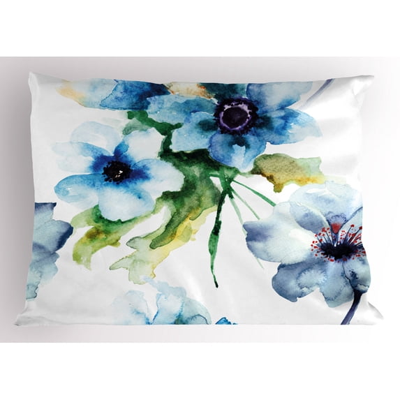 Art Pillow Sham Summer Flowers Essence Growth Fragrance Petals Watercolor Bouquet Artistic Image, Decorative Standard Size Printed Pillowcase, 26 X 20 Inches, Blue Forest Green, by Ambesonne