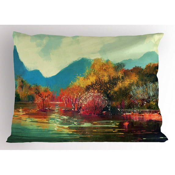 Art Pillow Sham Surreal Autumn Forest with Faded Trees by the Lake before Mountains Fall Season Image, Decorative Standard Size Printed Pillowcase, 26 X 20 Inches, Multicolor, by Ambesonne