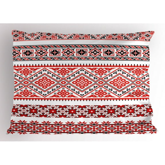 Art Pillow Sham Traditional Ukrainian Borders Frames Ornaments Old Fashioned Cultural Motifs, Decorative Standard Queen Size Printed Pillowcase, 30 X 20 Inches, Vermilion Black White, by Ambesonne