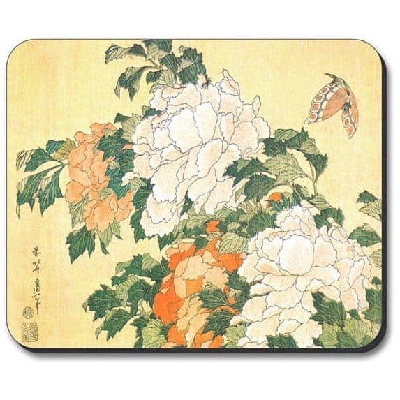 Art Plates Mouse Pad - Hukusai: Peonies & Butterfly