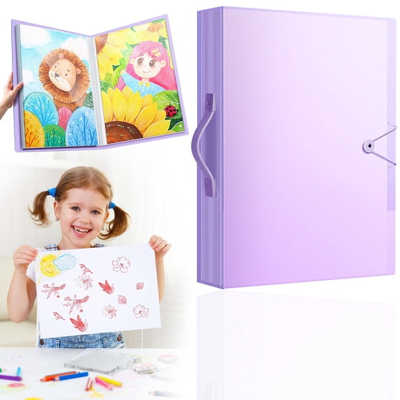 Art Portfolio Folder Large Capacity, Picture Album Storage Book for Sketches, Transparent Pockets Loose Leaf, Display Book with Handle for Artwork and Document Storage, Light Violet