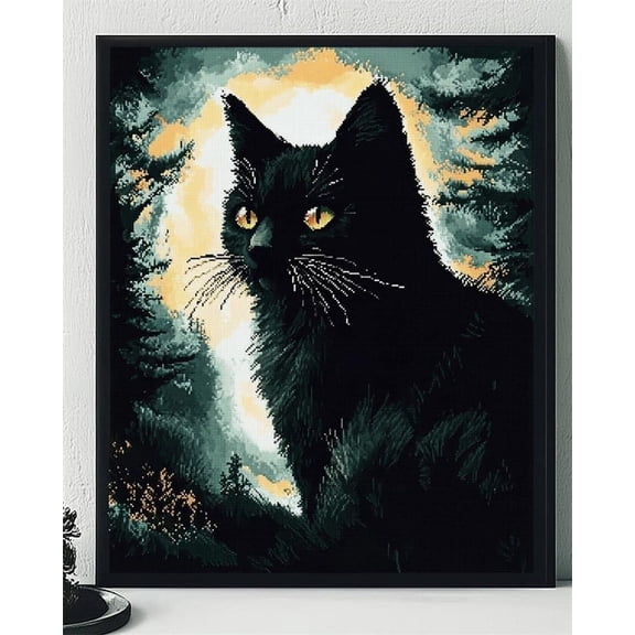 Art Pre Printed Cross Stitch Kits For Adults Beginners,Black Cat 11Ct Stamped Embroidery Kit Wall Art Home Decor Embroidery Crafts For Adults Beginners Gift