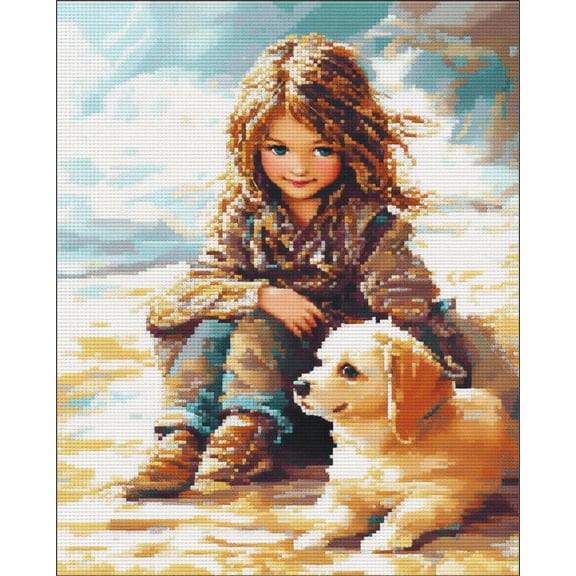 Art Pre Printed Cross Stitch Kits For Adults Beginners,Girl And Puppy 11Ct Stamped Embroidery Kit Wall Art Home Decor Embroidery Crafts For Adults Beginners Gift
