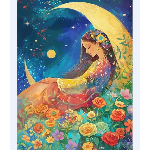 Art Pre Printed Cross Stitch Kits For Adults Beginners,The Girl On The Moon 11Ct Stamped Embroidery Kit Wall Art Home Decor Embroidery Crafts For Adults Beginners Gift