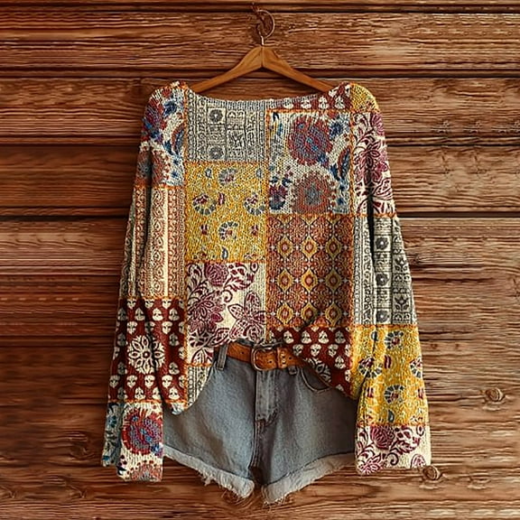 Art Print Casual Knitted Pullover Sweaters, Fashion Long Sleeve Crewneck Blouses, Winter Warm Layer Tops for Daily Wear, Yellow L, Size S-XXXL