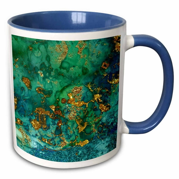 3drose, Art Print of Green Indigo Gold Marble Agate Mineral Malachite Quartz, 15oz Two-tone Blue Mug