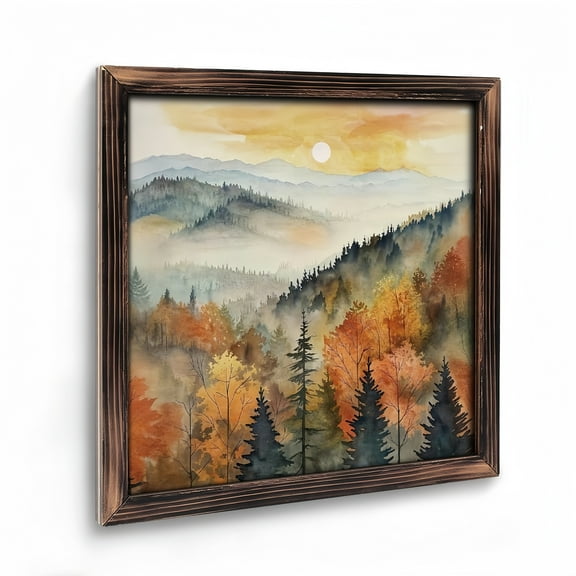 Art Prints :Rustic Square Framed Wooden Art Prints Wall Art, Nature Scenery Decor Farmhouse Quiet Forest Awakening Wall Art Prints, Autumn Fall Classical Retro Living Room Bedroom Office