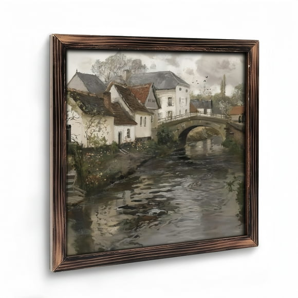 Art Prints : Rustic Square Framed Wooden Art Prints Wall Art, Vintage Landscape Prints Riverside Small Town R Rustic Farmhouse Wall Decor for Bedroom Living Room, Retro Room Decor(08X 08in