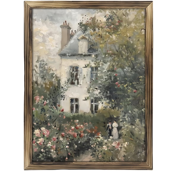 Art Prints Wall Art：Framed Wooden Art Prints Vintage Wall Art, Neutral English Cottage Rose Garden Oil Paintings Print, Spring Pictures Wall Decor for Living Room Hallway Bedroom Office