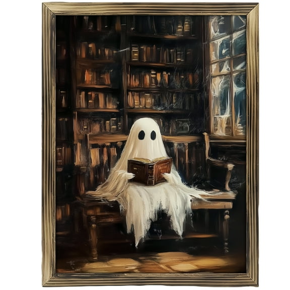 Art Prints Wall Art:Rustic Vintage Framed Wooden Art Prints Wall Art, Vintage Library Ghost Wall Decor, Dark Academia Art Prints Home Decorations, Moody Halloween Paintings for Living