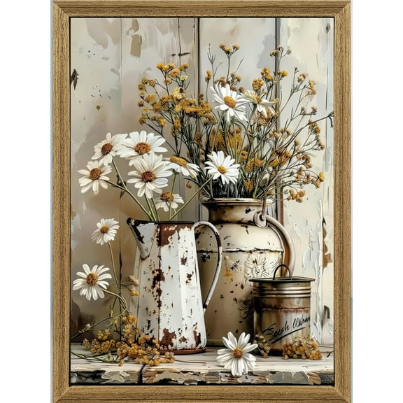 Art Prints Wall ArtModern Farmhouse Daisy Wildflower Framed Wooden Art Prints, Vintage Rustic Floral Pictures Paintings Artwork Wall Decor for Living Room Bedroom Bathroom Kitchen Home 8×12inch
