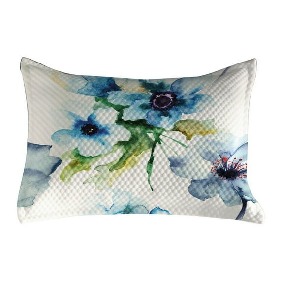 Art Quilted Pillowcover, Summer Flowers Essence Growth Fragrance Petals Watercolor Bouquet, Standard King Size Accent Pillow Cover for Bedroom, 36" x 20", Blue Forest Green, by Ambesonne