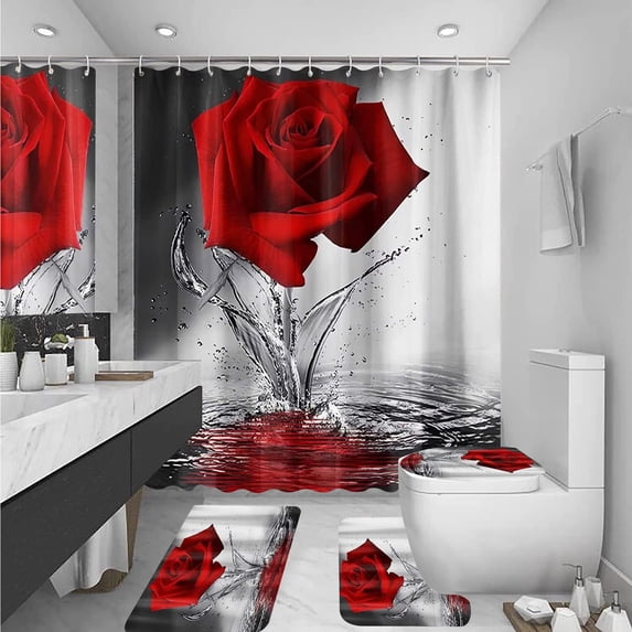 Art Red Roses Bathroom Set with Shower Curtain and Rugs, Toilet Lid Cover, Bath Mat, Romantic Roses Shower Curtains for Bathroom Decor, Waterproof Fabric Bathroom Shower Curtain Sets with Hooks
