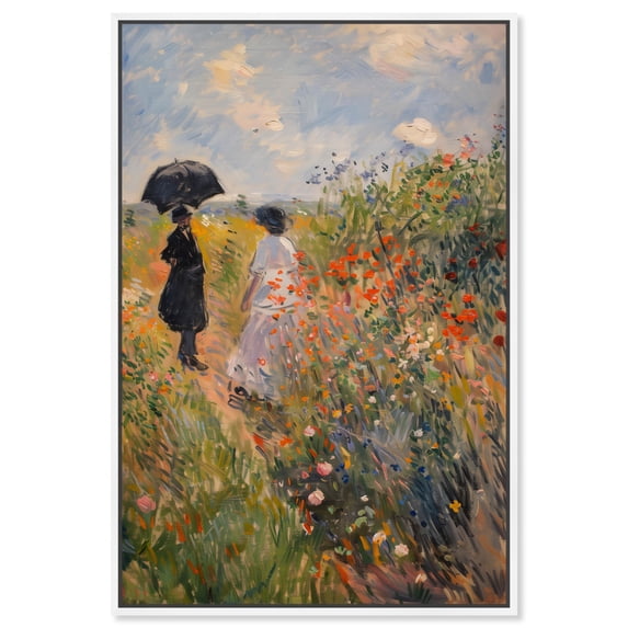 Art Remedy A Stroll Through The Flowers Framed Impressionism 1 Piece Canvas Wall Art/Monet And Van Gogh Inspired Art, 11" x 16", White Frame C95