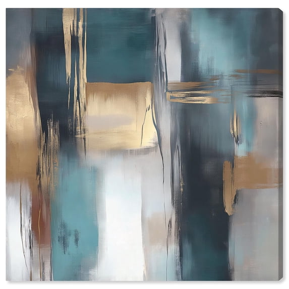 Art Remedy Abstract with Gold Canvas, 40" x 40", Gallery Wrapped, Reflections in Teal and Ochre I
