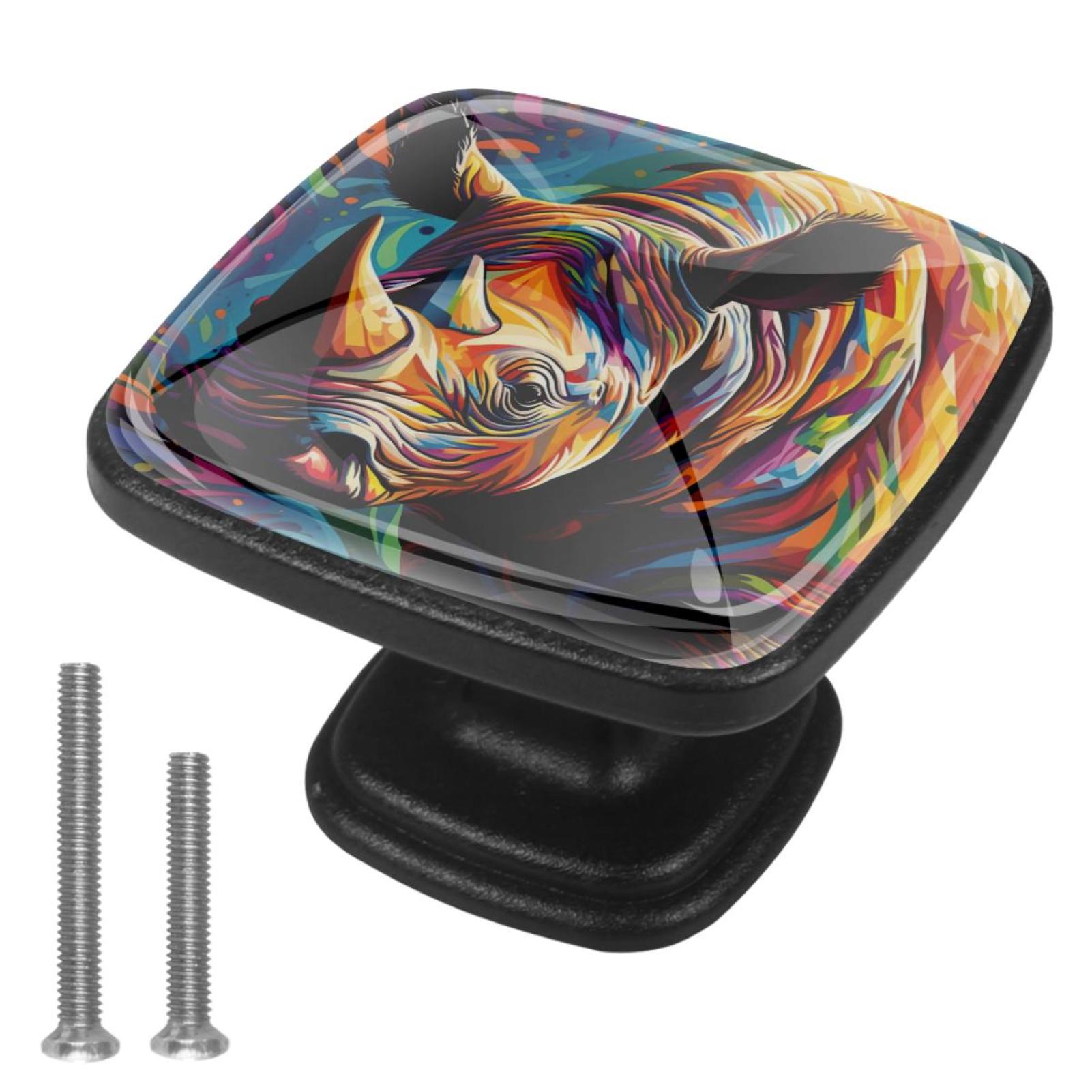 Art Rhino Pattern 4 Pcs Square Crystal Glass Dresser Knobs