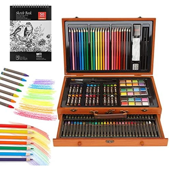 Art Set, 141-Piece Deluxe Art Supplies Kit with Crayons, Colored Pencils, Sketch Pencils, Paint Brushes, Sharpener, Eraser, Wooden Case & Drawing Pad$$Art & Craft