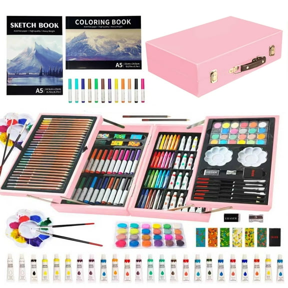 KINSPORY 139 pack Deluxe Portable Double Layers Wooden Coloring Drawing Kit with Sketch Pads, Art Set Gift for Artist Adults Beginners Kids (Pink)