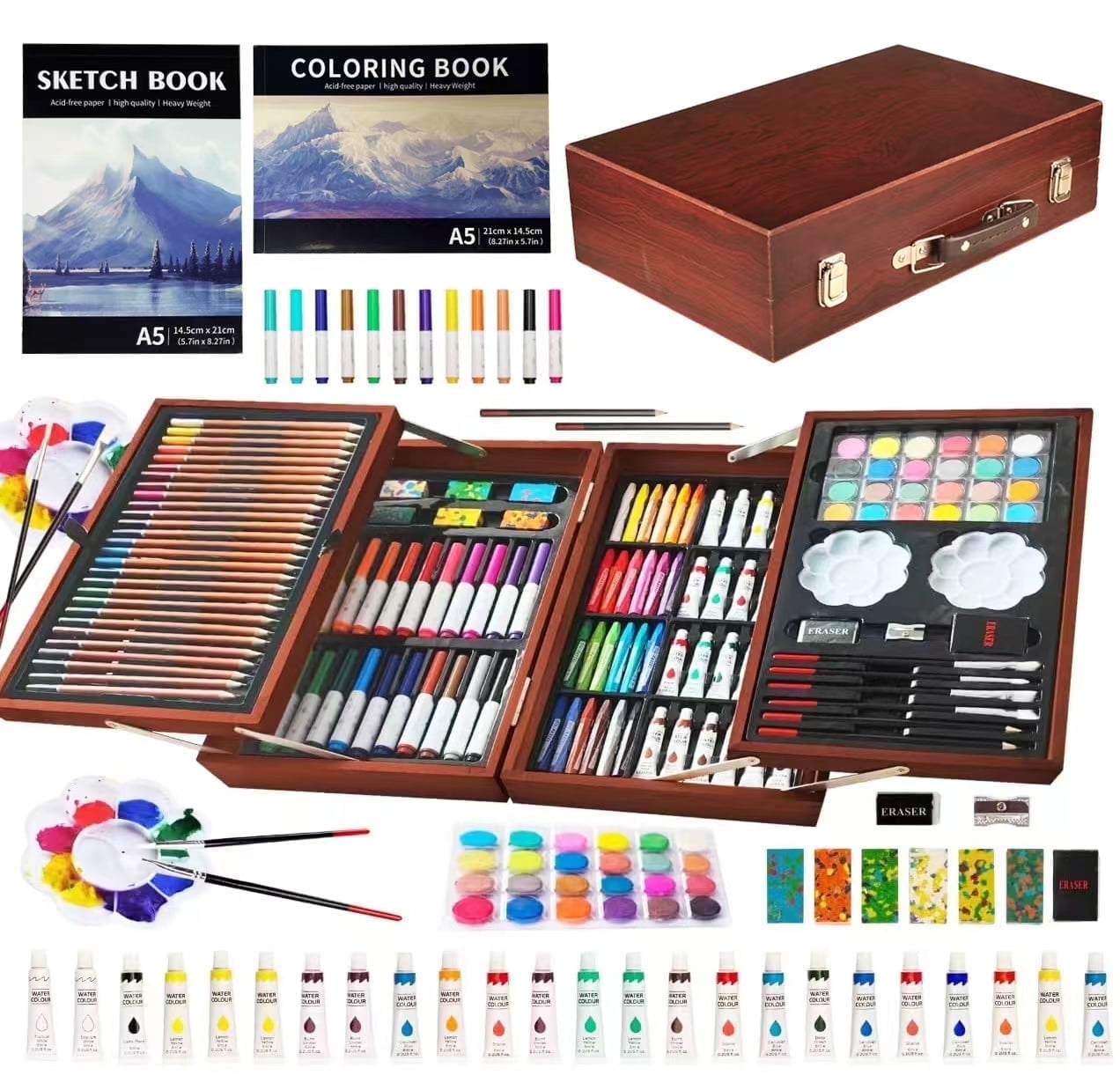 KINSPORY 139 pack Deluxe Portable Double Layers Wooden Coloring Drawing Kit with Sketch Pads, Art Set Gift for Artist Adults Beginners Kids (Brown)